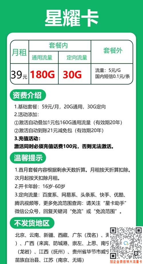 河南电信星耀卡39元180G通用+30G定向套餐介绍