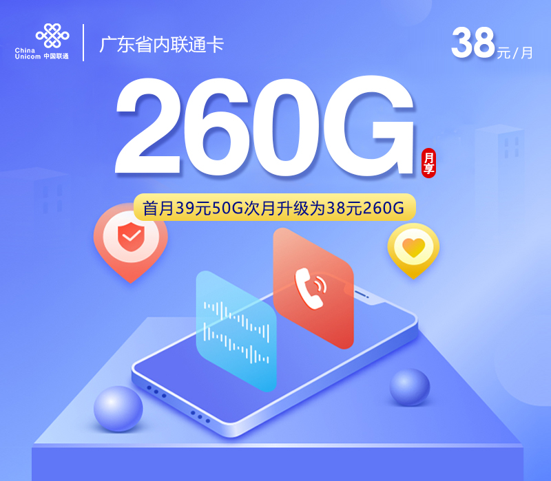 广东省内联通卡新【38元260G】